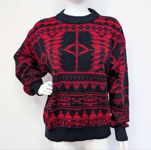 Vintage 80s Red & Black Funky Geometric Aztec Pattern Crew Neck Sweater